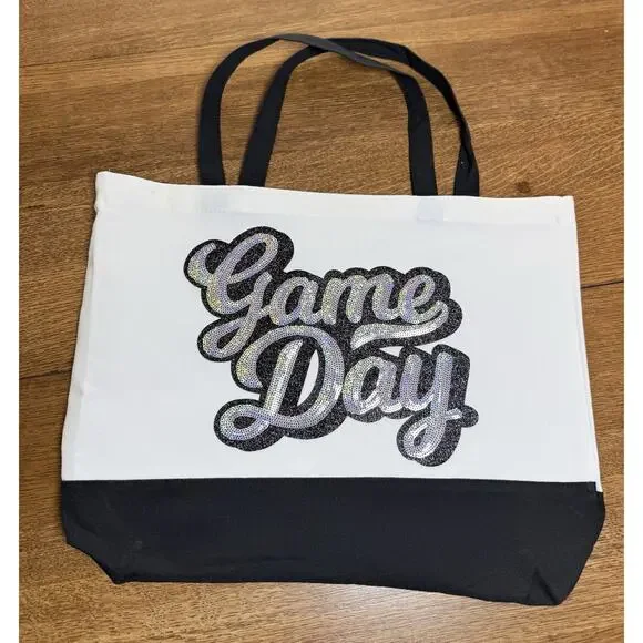 Game Day Tote Bag Sequin Script Canvas Bag Football Baseball Sports Mom Gift - Picture 3 of 6